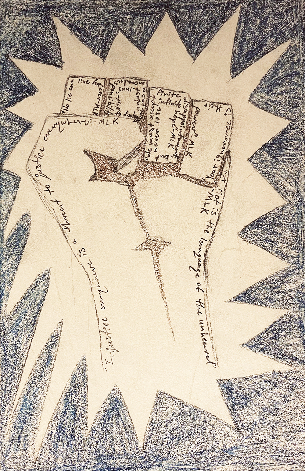 Contest submission titled "Black Power." A drawing of a clenched fist covered in words spoken by Dr. Martin Luther King, Jr. A white starburst on a blue-black background is behind the fist.