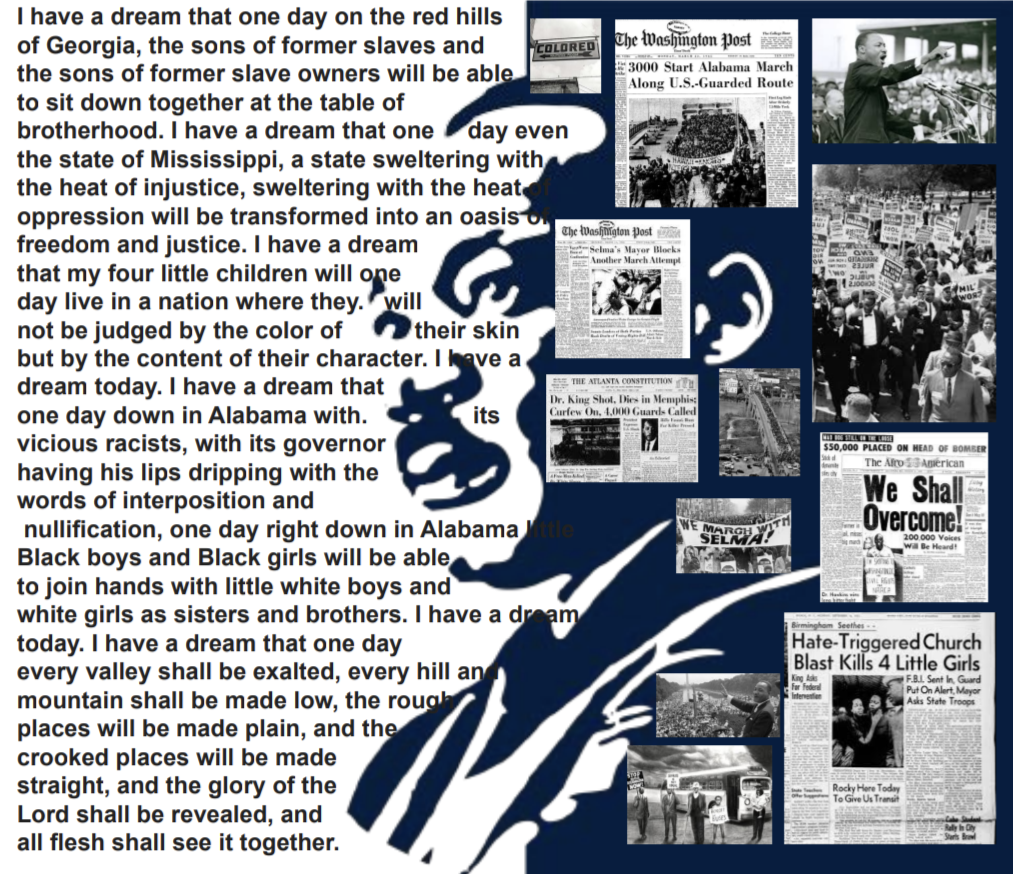 Contest submission titled "Black and White." A collage of black-and-white images from old newspapers next to the text from Martin Luther King, Jr.'s "I Have a Dream" speech.