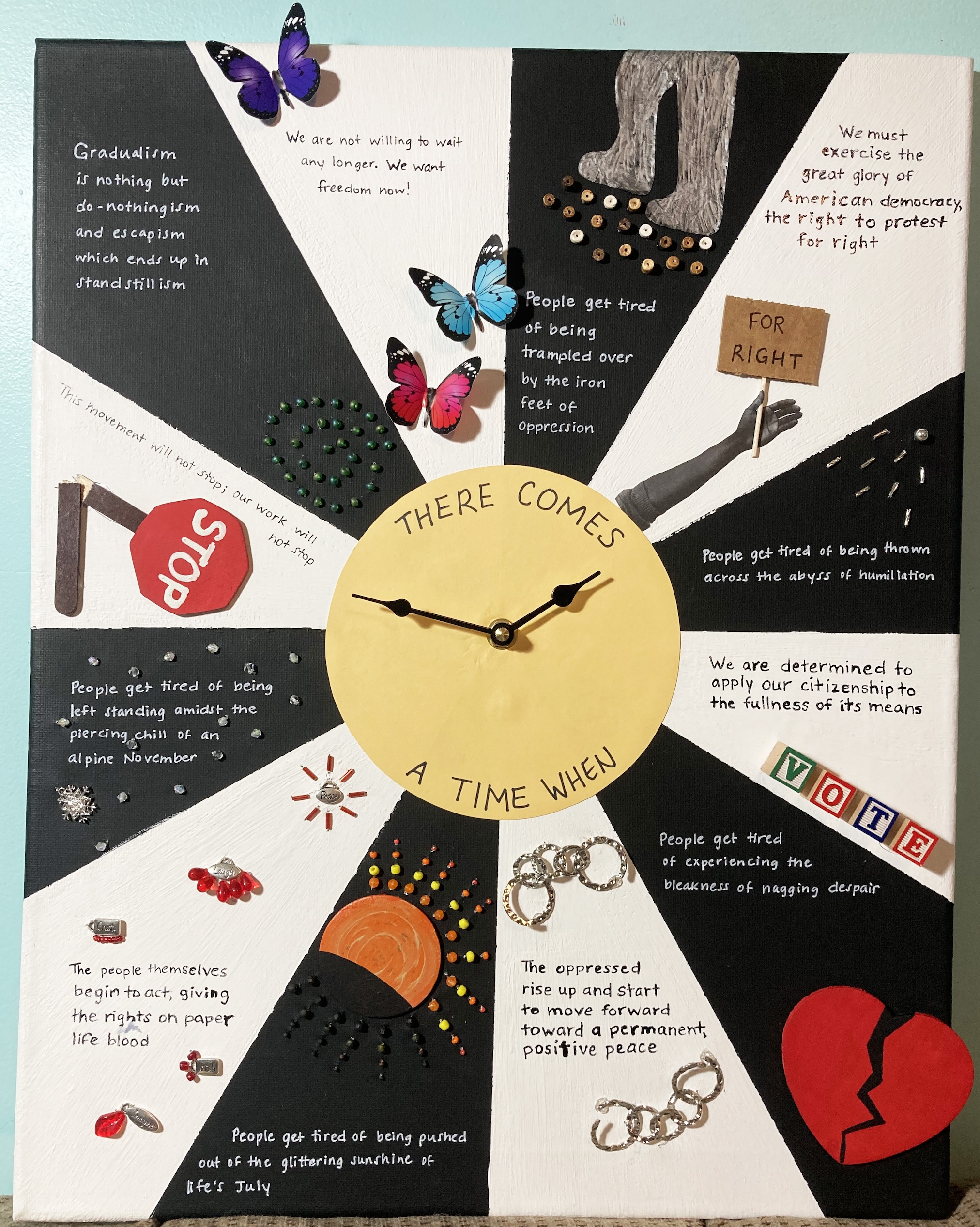 Contest submission titled "There Comes A Time." A clock with twelve quotes from Dr. King and illustrations depicting each quote.