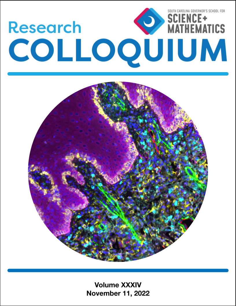 Front cover of the 34th Research Colloquium book featuring "Multiplex Immunofluorescence Image of a Tongue Tissue Section -Wanqing Kong ‘23. Image was produced in the laboratory of Dr. Yan Cui at the Augusta University – Georgia Cancer Center (Augusta, GA)."